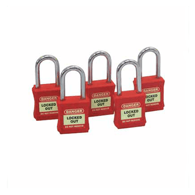 Four red Accumax lockout padlocks, each labeled with the word 