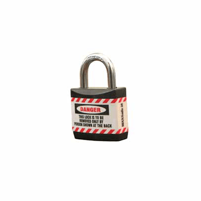 A 25mm Accumax Economy padlock featuring a prominent warning label attached to it.