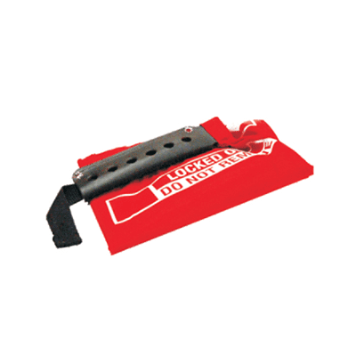 A knife rests on a red bag labeled with 