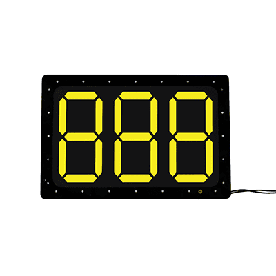 Digital clock displaying yellow numbers, part of the Changeable LED Display Sign by Accumax Global.