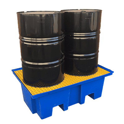 Two drum spill pallet with yellow grate and blue containment base for safe chemical storage