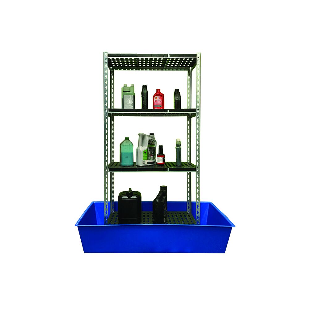 Bunded Shelving unit with chemical containers and integrated spill containment sump base