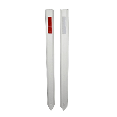 Two vertical white poles featuring red and white stripes, made of PVC, labeled as Accumax Global guide posts.