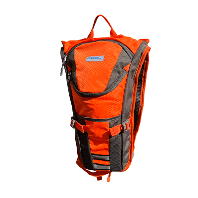 2L hydration backpack with high-visibility orange design and dual hose ports