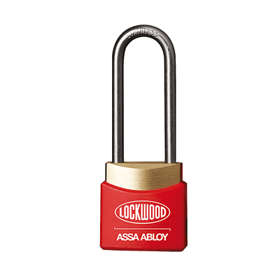 A red Lockwood safety padlock with a gold key, representing security and protection by Accumax Global.