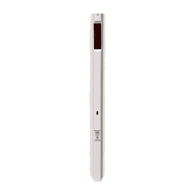 A white electronic device featuring a red light, labeled with 