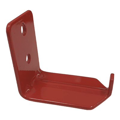 Red metal wall mount bracket designed for fire extinguishers by Accumax Global.