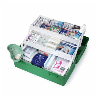 A green plastic first aid kit containing medical supplies, designed for workplace use by Accumax Global.