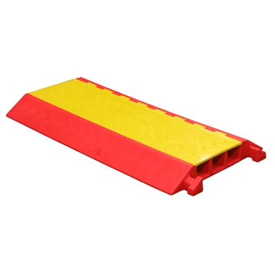 A red and yellow plastic ramp designed for heavy-duty use, labeled as MAXSafe PU cable cover.