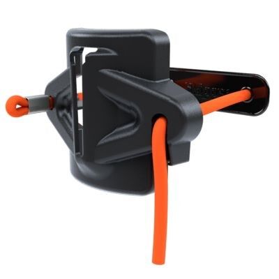 A black and orange curved cord strap holder with a cord neatly organized within it.