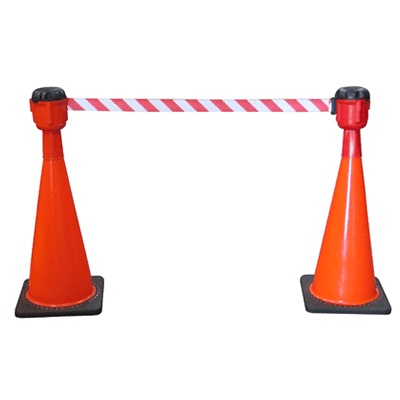 Two orange traffic cones featuring red and white stripes, accompanied by retractable barrier tape for delineating areas.
