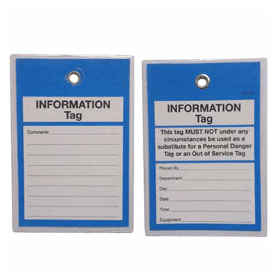 Two blue and white Smart-Tag information tags labeled with details from Accumax Global.
