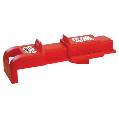Red plastic tool holder with a handle, designed for Butterfly Valve Lockout by Accumax Global.