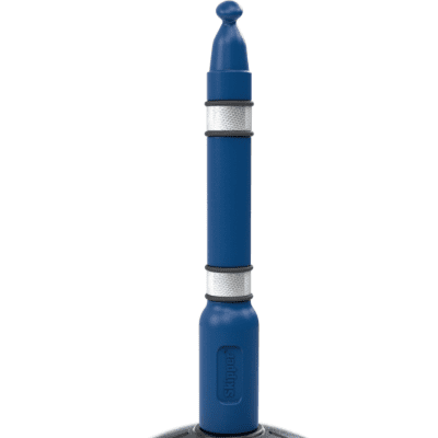 A blue and black water fountain with a sleek black base, designed by Skipper Post, showcasing modern aesthetics.