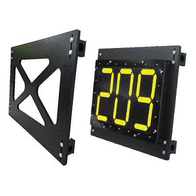 A digital clock displaying yellow numbers, set against a backdrop featuring a 48mm Stauff Clamp Bracket and ID panels.