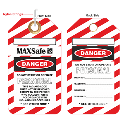 Tear-proof personal hazard tags labeled 