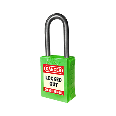 Green nylon padlock labeled 